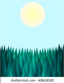Abstract green polygon forest on a background of blue sky and sun