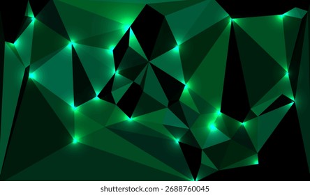 Fondo poligonal verde Abstractas con conexiones de luz brillante, fondo poligonal abstracto moderno en tonos verdes oscuros con Formas geométricas y puntos de luz brillante.