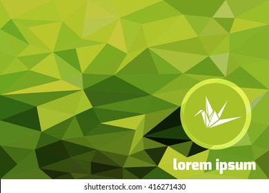 Abstract green polygonal background with stylized paper crane.
