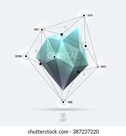 Abstract green polygonal diamond, brilliant or stone with edges, lines and rounds with communication and system concept. Vector illustration. 
