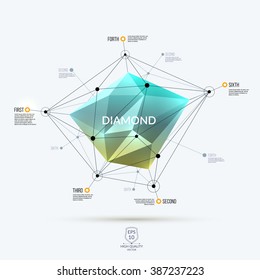 Abstract green polygonal diamond, brilliant or stone with edges, lines and rounds with communication and system concept. Vector illustration. 
