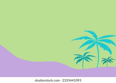 Abstract green and purple curves contrasting background background illustration Decorated with vector drawings, coconut trees, reminiscent of a beach by the sea in summer.