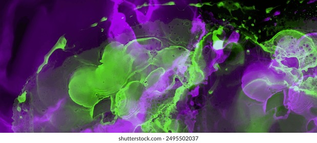 Abstract green and purple grunge vector background with bright colors splashes for cover design, invitation, poster, banner, flyer, cards. Futuristic ink texture illustration. Color smoke.