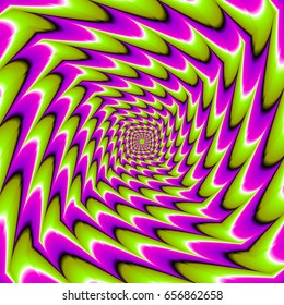 Abstract green and purple rotating tunnel. Spin illusion.