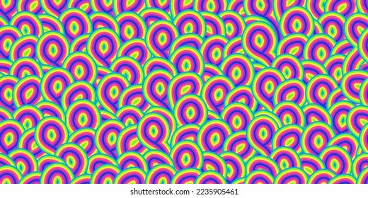 Abstract green purple swirls on trippy seamless pattern in 70s hippie style. Colorful vector retro psychedelic background. Crazy psychodelic illustration. Vintage party graphic