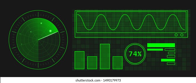 Abstract green radar with targets in action. Military search system. Infographic elements. Mobile device design.