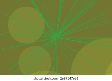 Linhas radiais verdes abstratas que emanam de um ponto central contra um fundo de azeitona amuado com círculos translúcidos.