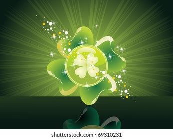 abstract green rays backgorund with isolated shiny shamrock