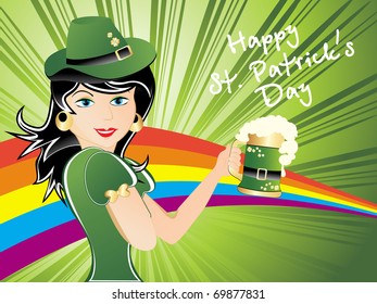abstract green rays background with colorful wave, beautiful girl holding beer mug