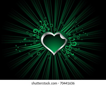 abstract green rays background with floral decorated heart