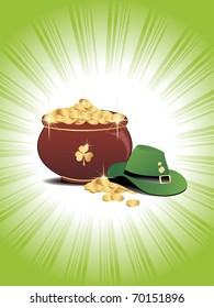 abstract green rays background with gold coins earthenware, leprechaun hat