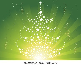 abstract green rays background with twinkle star pattern xmas tree