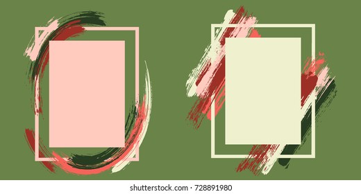 Abstract green and red frame set vector collection. Grunge border with painted brushstrokes background collection. Painted frames advertising graphic design templates for banner, flyer, poster, card.