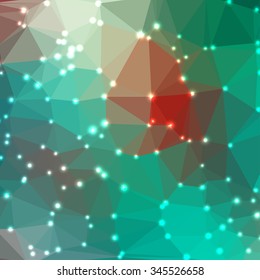 Abstract green and red geometric background consisting of colored triangles with lights in corners. Low poly square format pattern.