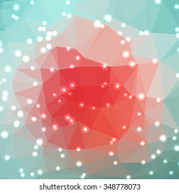 Abstract green and red geometric background consisting of colored triangles with lights in corners. Low poly square format pattern.