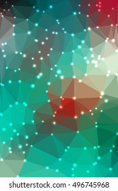 Abstract green and red geometric background consisting of colored triangles with lights in corners. Vertical format.