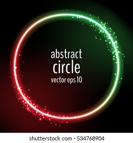 Abstract green and red shiny circle with particles on dark background with place for your text. Vector illustration for your graphic design.