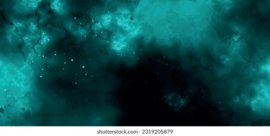 Abstrakter grüner, roter Rauch. Atmosphärischer und mystischer Rauchhintergrund. Kosmischer Stern Neon polaren Licht Aquarell Hintergrund. Kreative blaue und grüne Farbtöne, handgezeichnet, mehrfarbige Aquarellfarben.