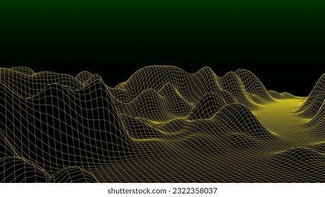 Abstract green retro mountain wallpaper. Futuristic style landscape texture of the 1980s. Gradient sky background. Big data visualization. Vector illustration.