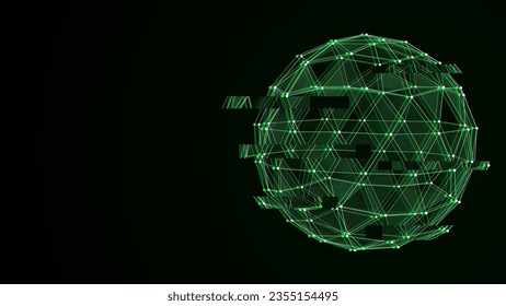 Abstract green sci-fi glitch sphere with particles and lines. Technology network connection on world. Futuristic vector illustration. Global digital connections ai. 3D wireframe geometric sphere.