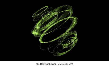 Abstract green sci-fi sphere with particles and lines. Technology network connection on world. Futuristic vector illustration. Global digital connections ai. 3D wireframe geometric sphere.