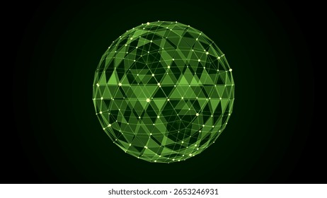 Esfera de ficção científica verde abstrata com partículas e linhas. Conexão de rede de tecnologia no mundo. Ilustração de vetor futurista. Conexões digitais globais ai. Esfera geométrica 3D wireframe.