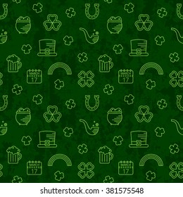 Abstract green seamless line art grunge pattern for St. Patricks day. Design element for banner, card, invitation, postcard, textile, fabric, wrapping paper. Vector illustration.