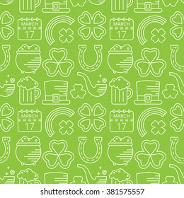 Abstract green seamless line art pattern for St. Patricks day. Design element for banner, card, invitation, postcard, textile, fabric, wrapping paper. Vector illustration.