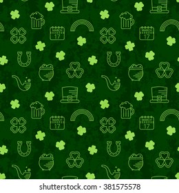 Abstract green seamless line art grunge pattern for St. Patricks day. Design element for banner, card, invitation, postcard, textile, fabric, wrapping paper. Vector illustration.