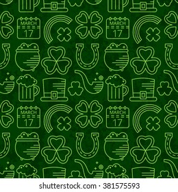 Abstract green seamless line art grunge pattern for St. Patricks day. Design element for banner, card, invitation, postcard, textile, fabric, wrapping paper. Vector illustration.