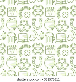 Abstract green seamless line art pattern for St. Patricks day. Design element for banner, card, invitation, postcard, textile, fabric, wrapping paper. Vector illustration.