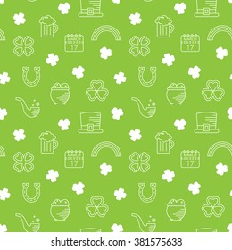 Abstract green seamless line art pattern for St. Patricks day. Design element for banner, card, invitation, postcard, textile, fabric, wrapping paper. Vector illustration.