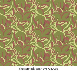 Abstract green seamless pattern background with various curves as plant