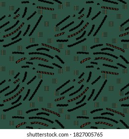 Abstract Green seamless pattern with gold, black, dark brown or yellow colors, lines, dots and other forms like worms