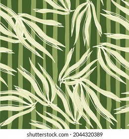 Abstract green seaweeds seamless pattern on stripe background. Marine plants wallpaper. Underwater foliage backdrop. Design for fabric, textile print, wrapping, cover. Vector illustration.