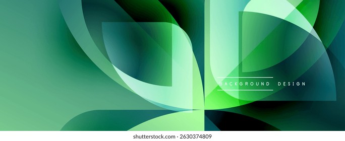 Abstract green shapes overlap creating dynamic visual effect. Smooth gradients suggest depth, modern design aesthetic.