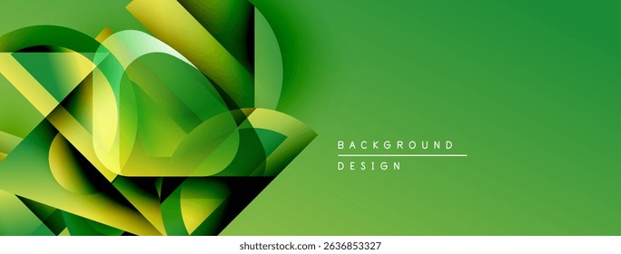 Abstract green shapes overlap, creating dynamic visual effect. Gradient background adds depth, text indicates design element.