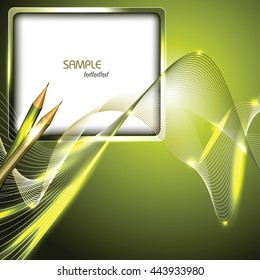 Abstract Green Shiny Background with Notepad and Pencils.