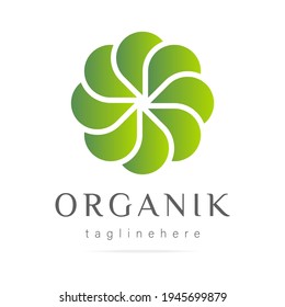 Abstract green sign flower logo icon vector design graphic hand drawn lines eco bio symbol.Template Landscape design,garden symbol,logotype environment business company.Organic plant,nature,vegan food