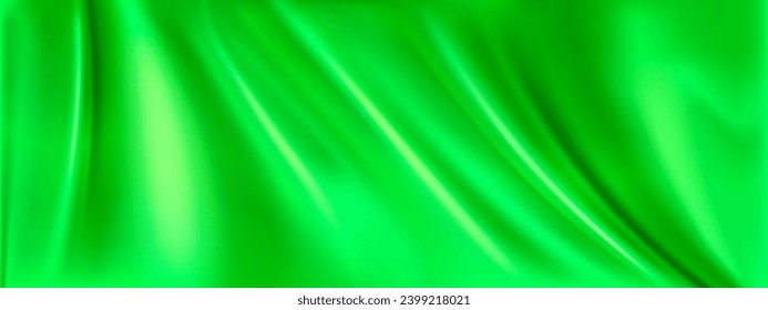 Abstract green silk wave texture vector background. Luxury satin curve cloth material design. Smooth drapery liquid velvet fabric. 3d music ceremony event silky curtain with shine light fold effect