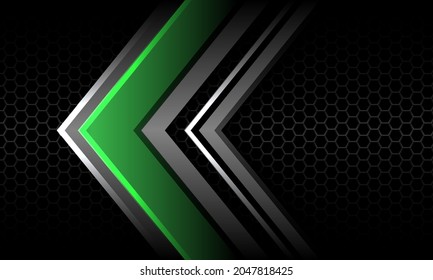 Abstract green silver arrow direction on grey hexagon mesh black design modern luxury futuristic technology vector background illustration.