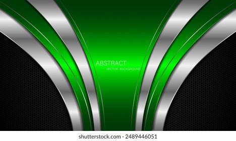 Abstract green and silver curves with silver lines on dark steel mesh background. with free space for design. modern technology innovation concept background	