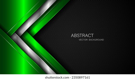 Abstract green and silver polygons on dark steel mesh background. with free space for design. modern technology innovation concept background	