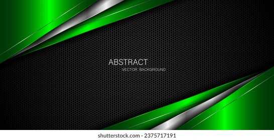 Abstract green and silver polygons on dark steel mesh background. with free space for design. modern technology innovation concept background	