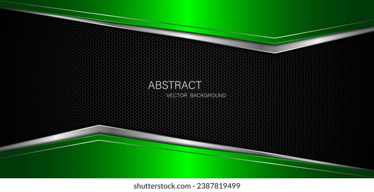 Abstract green and silver polygons on dark steel mesh background. with free space for design. modern technology innovation concept background	