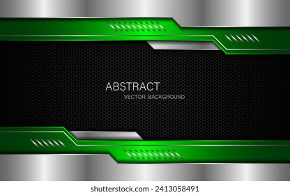 Resumen de polígonos verdes y plateados sobre fondo de malla de acero oscuro. con espacio libre para el diseño.	