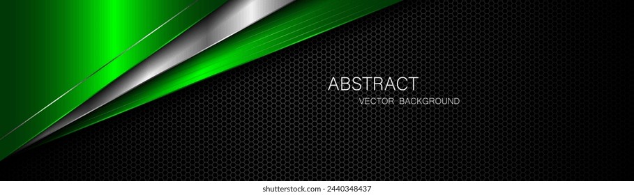 Abstract green and silver polygons on dark steel mesh background. with free space for design. modern technology innovation concept background