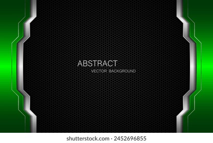 Abstract green and silver polygons on dark steel mesh background. with free space for design. modern technology innovation concept background