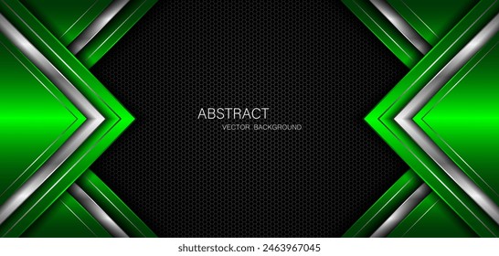 Abstract green and silver polygons on dark steel mesh background. with free space for design. modern technology innovation concept background