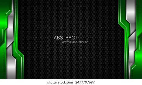 Abstract green and silver polygons on dark steel mesh background. with free space for design. modern technology innovation concept background